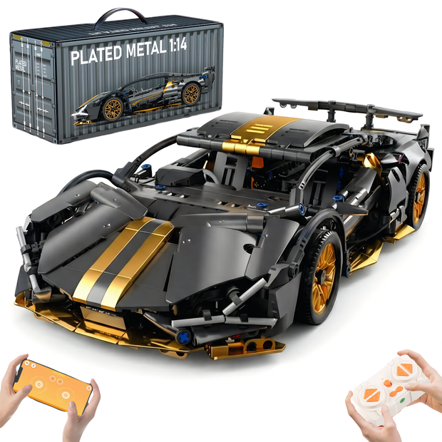 AoreSpty 1:14 Scale Black & Gold RC Supercar Kit - 1280+ Bricks, Remote & App Control, STEM Learning, Ultimate Gift for Car Enthusiasts