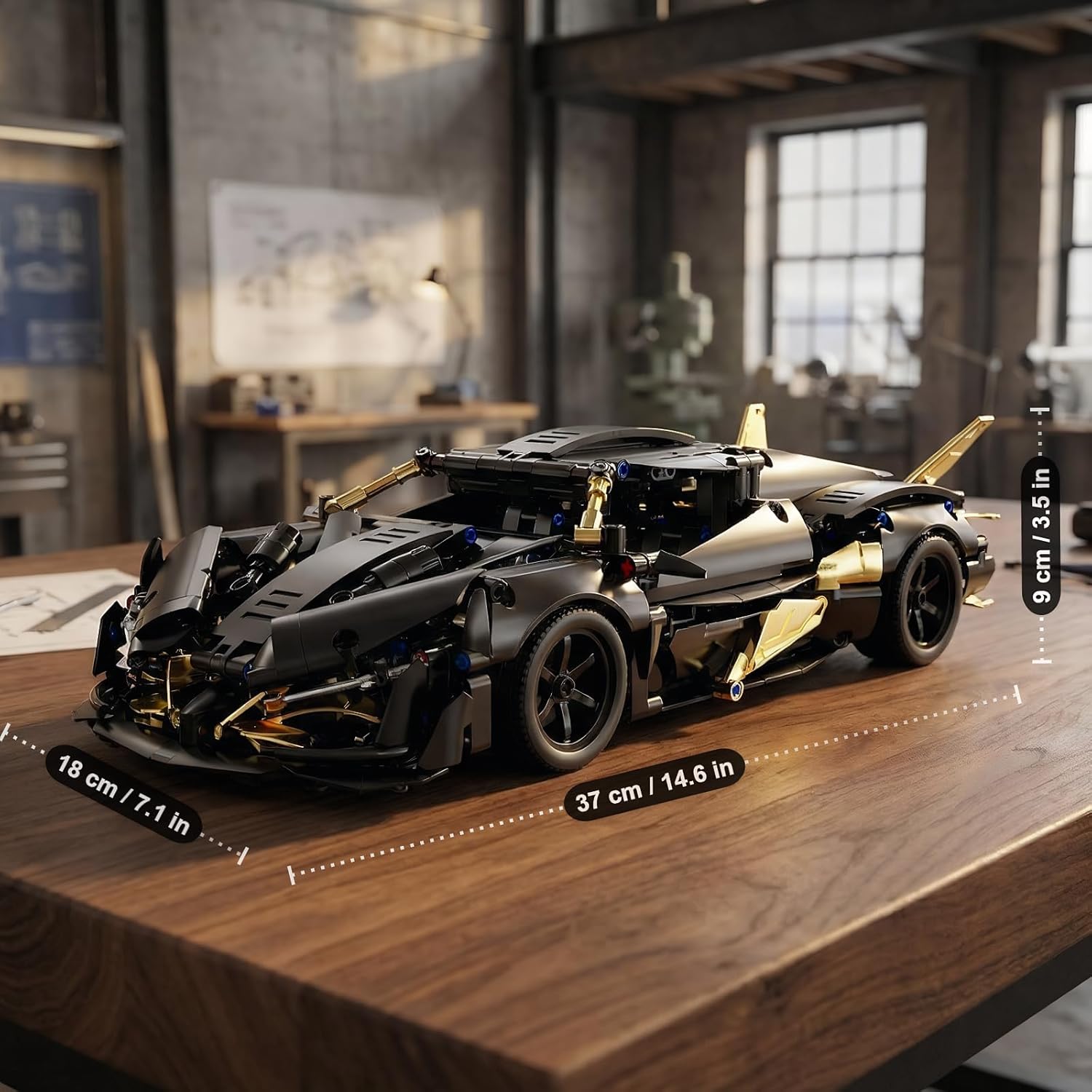 RC Supercar Building Kit - 857pcs Black Gold Apollo-Style Model Car Kits w/RC Power System & LED Lights, STEM Toy for Teens Adult Collectors