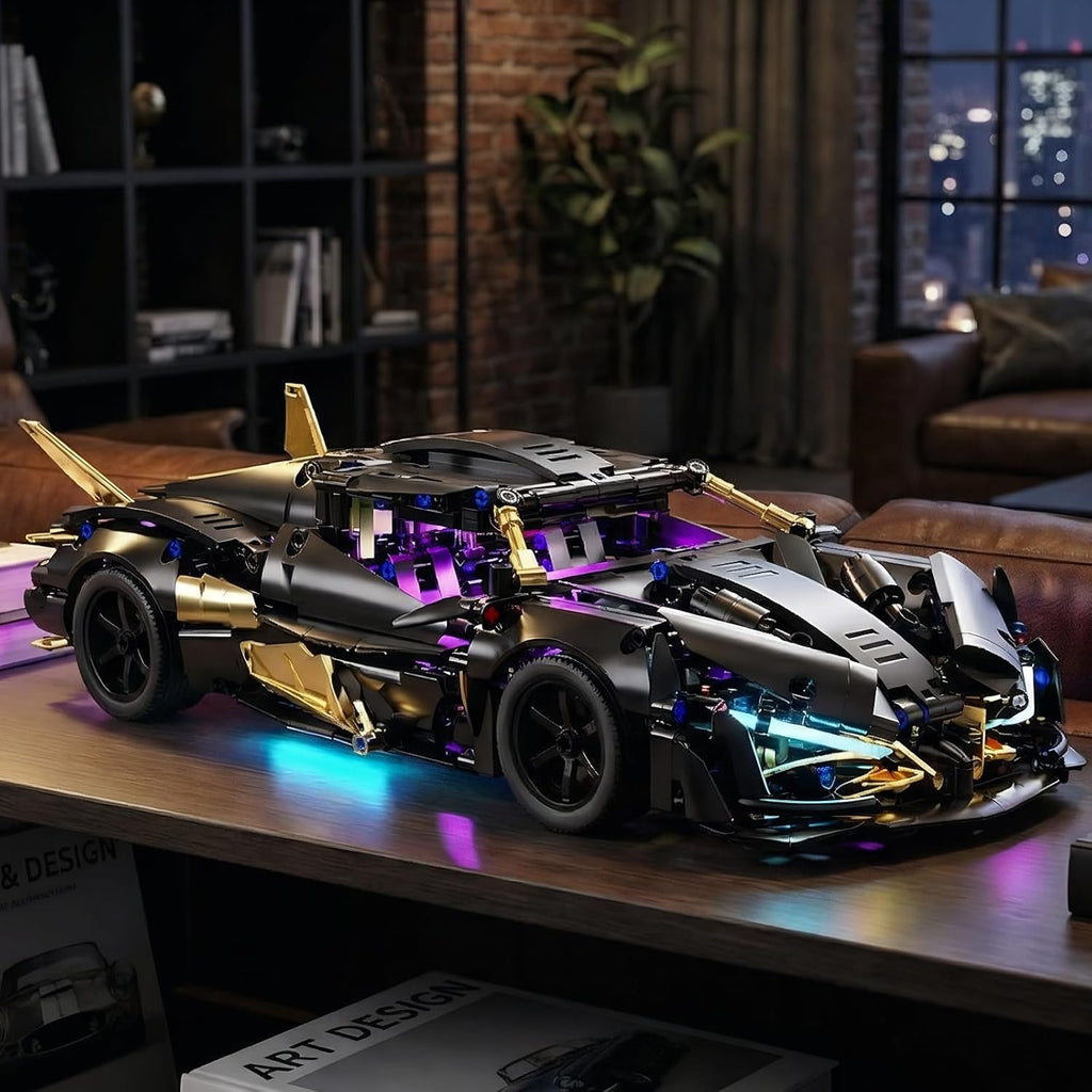 RC Supercar Building Kit - 857pcs Black Gold Apollo-Style Model Car Kits w/RC Power System & LED Lights, STEM Toy for Teens Adult Collectors