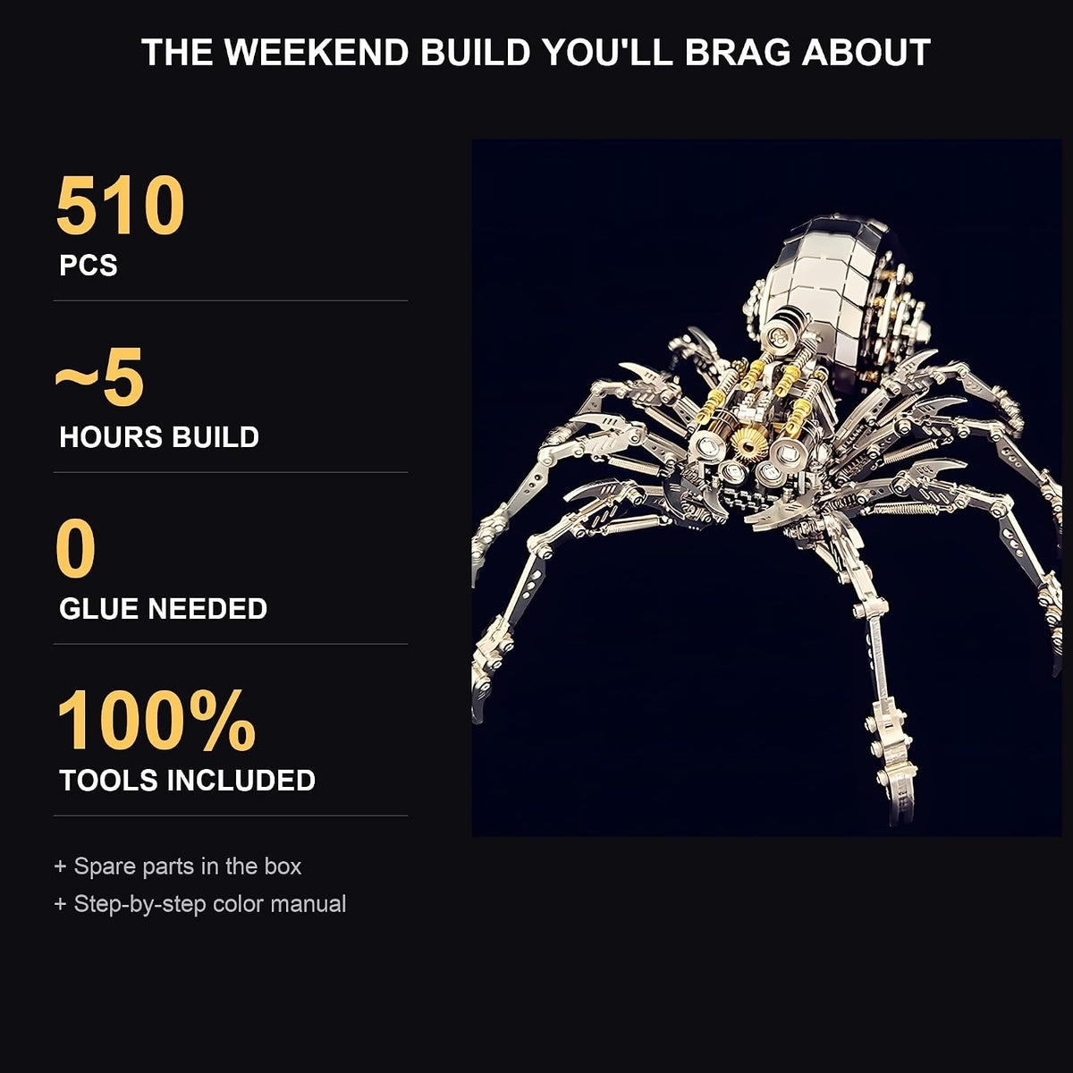 3D Metal Puzzles for Adults, 510Pcs Spider Model Kit with LED