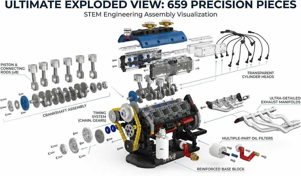 V8 Engine Model Kit 1:4 Scale, 659-Piece Hand-Cranked STEM Model Car Kits for Adults, DIY Kits for Adults & Teens, Gift for Car Enthusiasts Ages 14+
