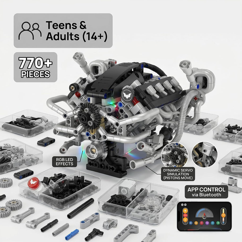 V8 Engine Model Kit, 770-Piece App-Controlled STEM Model Building Kits for Adults, Science Kit with RGB LED & Sound Effects, Tech Gift for Teens Ages 14+