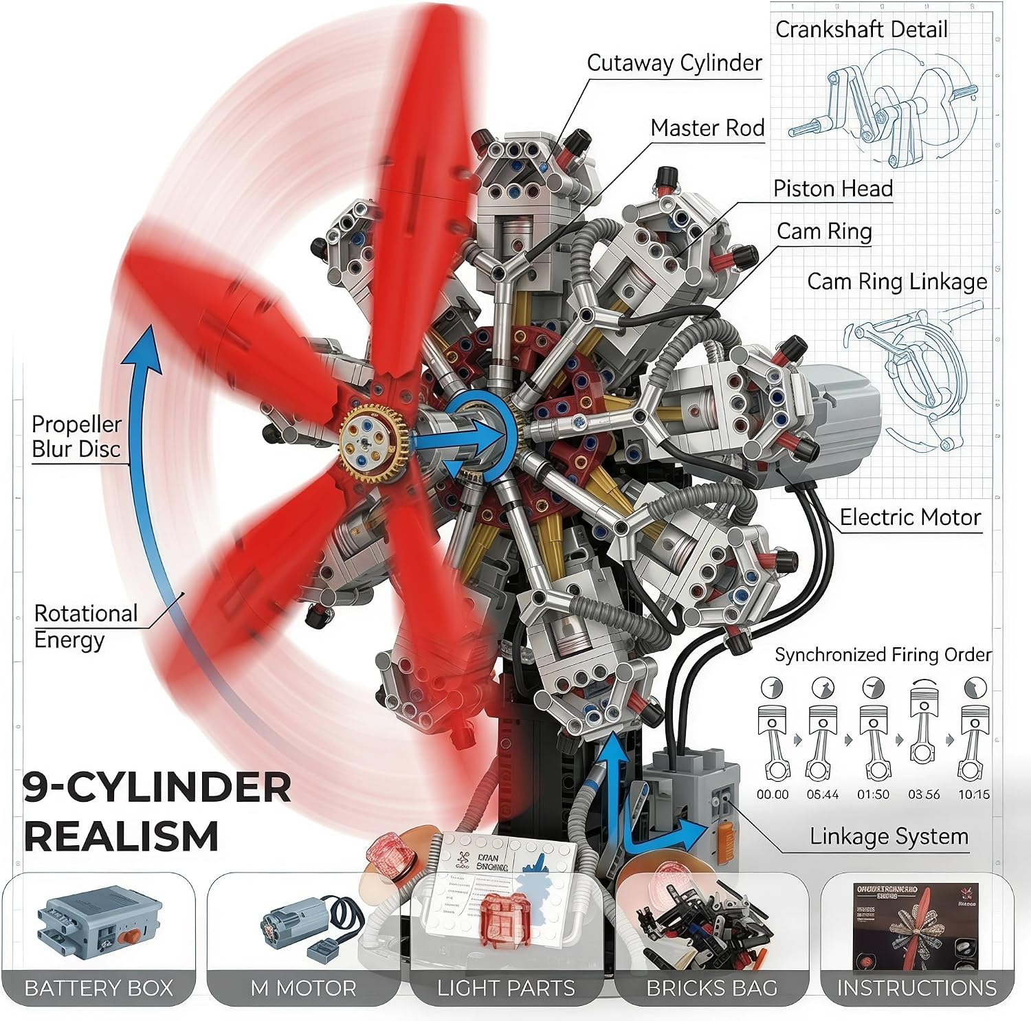 9-Cylinder Radial Engine Model Kit, 1100-Piece Electric STEM Model Building Kits for Adults, Engineering Kit for Kids Ages 14+, Aviation Tech Gift for Teens