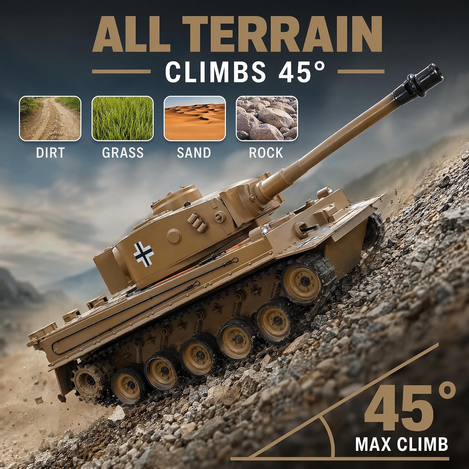 RC Tank 1:22 Tiger Tank WWII Military Soldier Toy | Infrared Battle + Water Bombs | LED Smoke Sound | 2.4GHz Remote Control Tank Gift Ages 8+