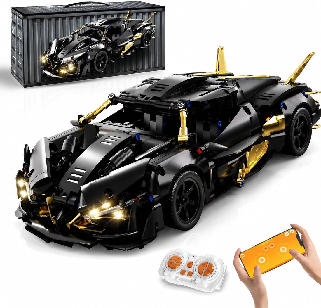 RC Supercar Building Kit - 857pcs Black Gold Apollo-Style Model Car Kits w/RC Power System & LED Lights, STEM Toy for Teens Adult Collectors