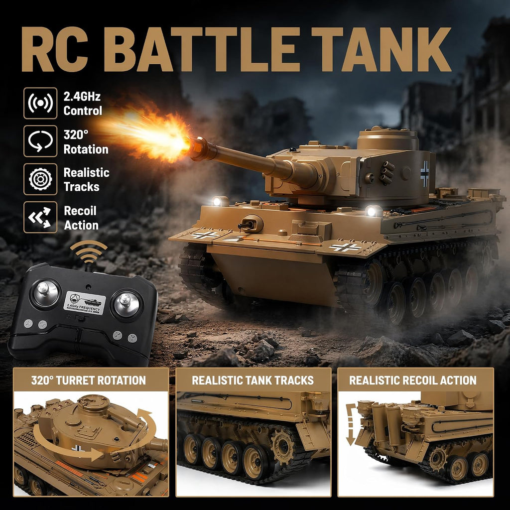 RC Tank 1:22 Tiger Tank WWII Military Soldier Toy | Infrared Battle + Water Bombs | LED Smoke Sound | 2.4GHz Remote Control Tank Gift Ages 8+
