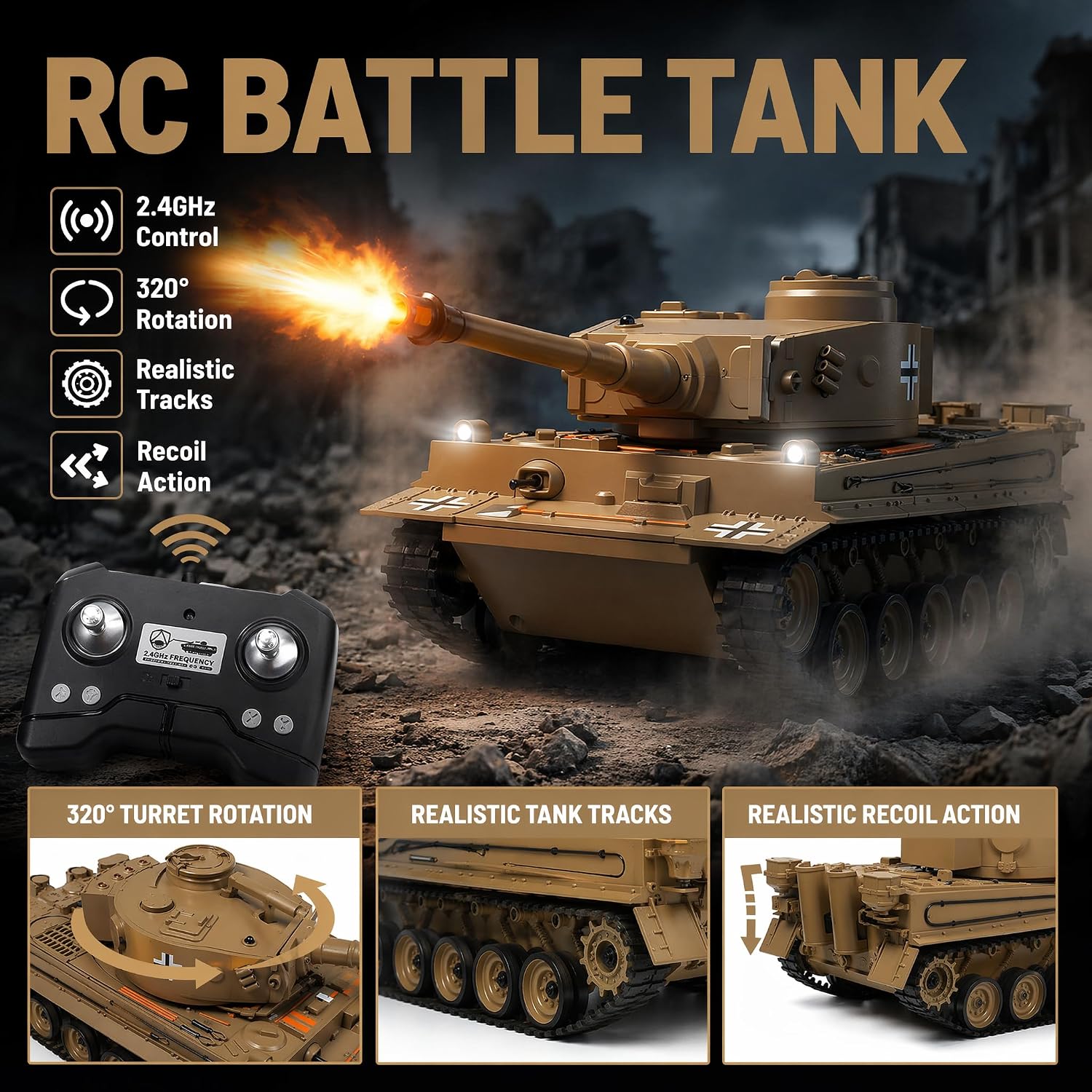 RC Tank 1:22 Tiger Tank WWII Military Soldier Toy | Infrared Battle + Water Bombs | LED Smoke Sound | 2.4GHz Remote Control Tank Gift Ages 8+