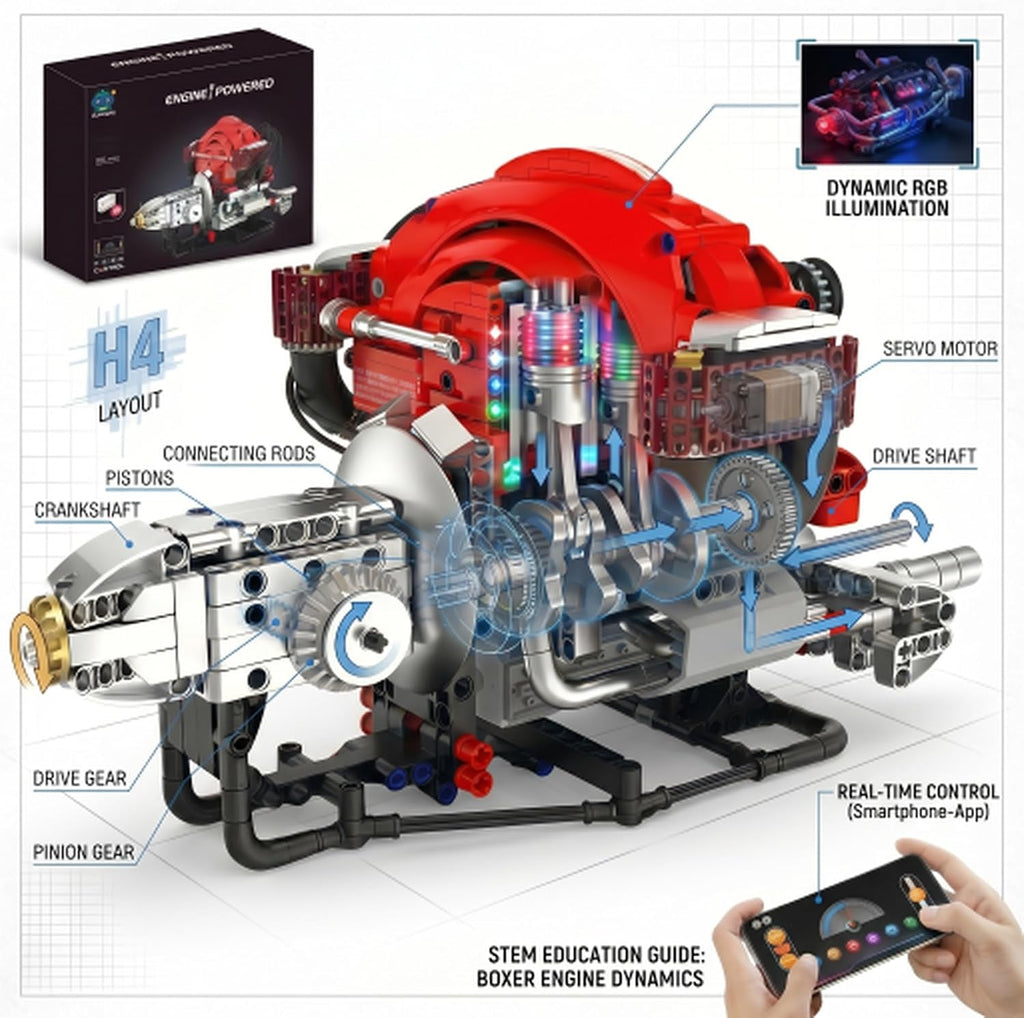 H4 Engine Model Kit, 868-Piece Bluetooth-Controlled STEM Toy Building Sets for Adults, Science Kit with RGB LED Lights, Tech Gift for Boys Ages 14+
