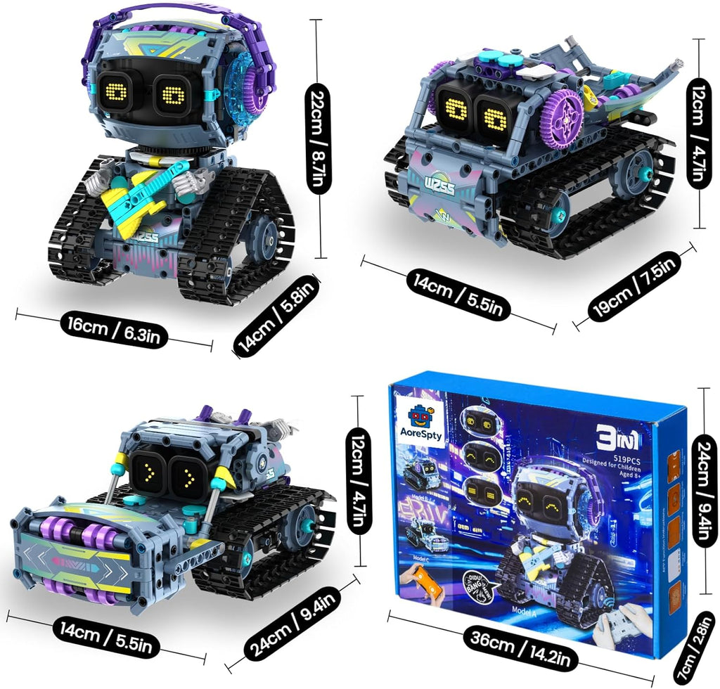 STEM Robot Kit 3-in-1 for Kids Ages 8-10 | 519-Piece Excavator Robot Car Build Set | App & Remote Control STEM Robotics Educational Toys Gift