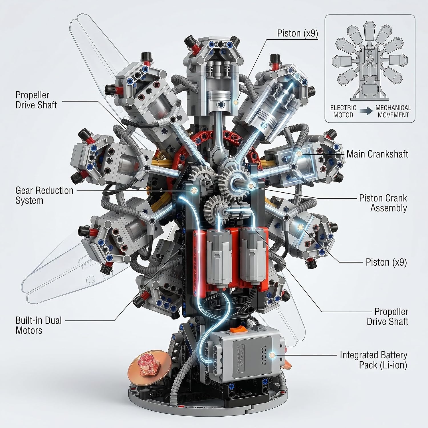 9-Cylinder Radial Engine Model Kit, 1100-Piece Electric STEM Model Building Kits for Adults, Engineering Kit for Kids Ages 14+, Aviation Tech Gift for Teens