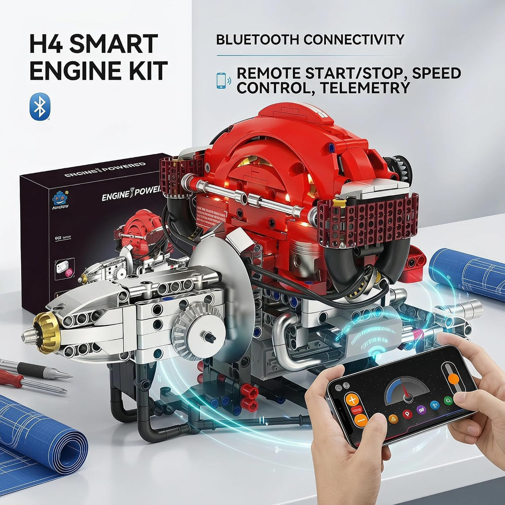H4 Engine Model Kit, 868-Piece Bluetooth-Controlled STEM Toy Building Sets for Adults, Science Kit with RGB LED Lights, Tech Gift for Boys Ages 14+