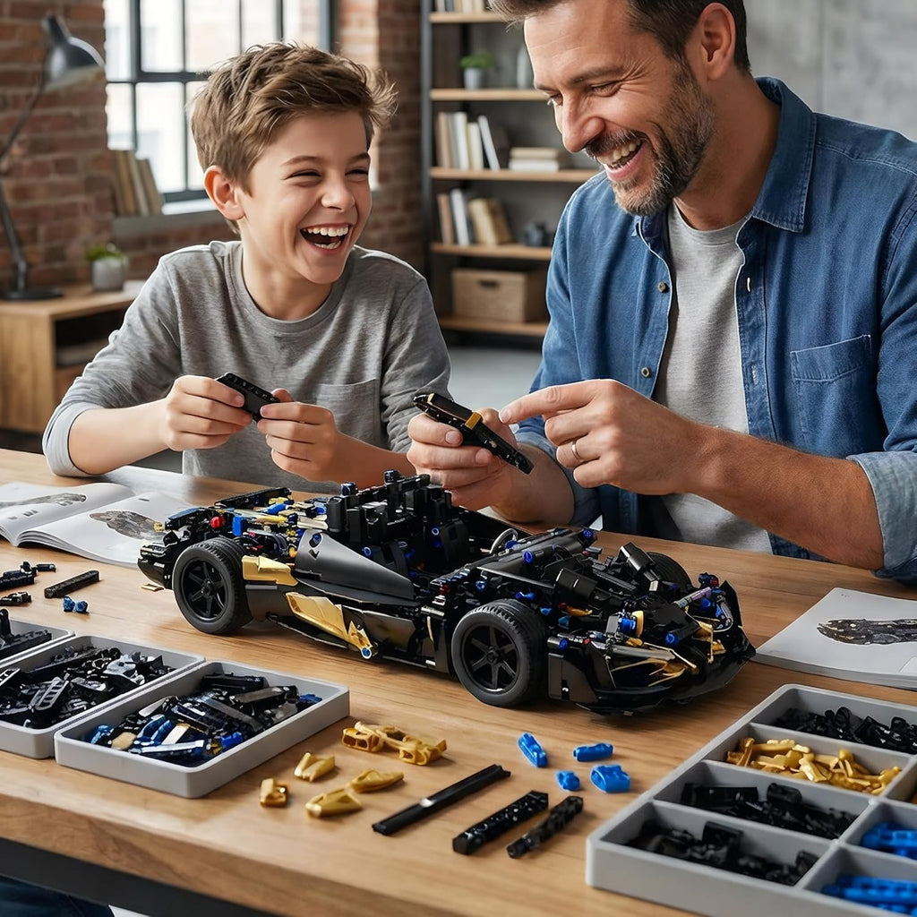 RC Supercar Building Kit - 857pcs Black Gold Apollo-Style Model Car Kits w/RC Power System & LED Lights, STEM Toy for Teens Adult Collectors