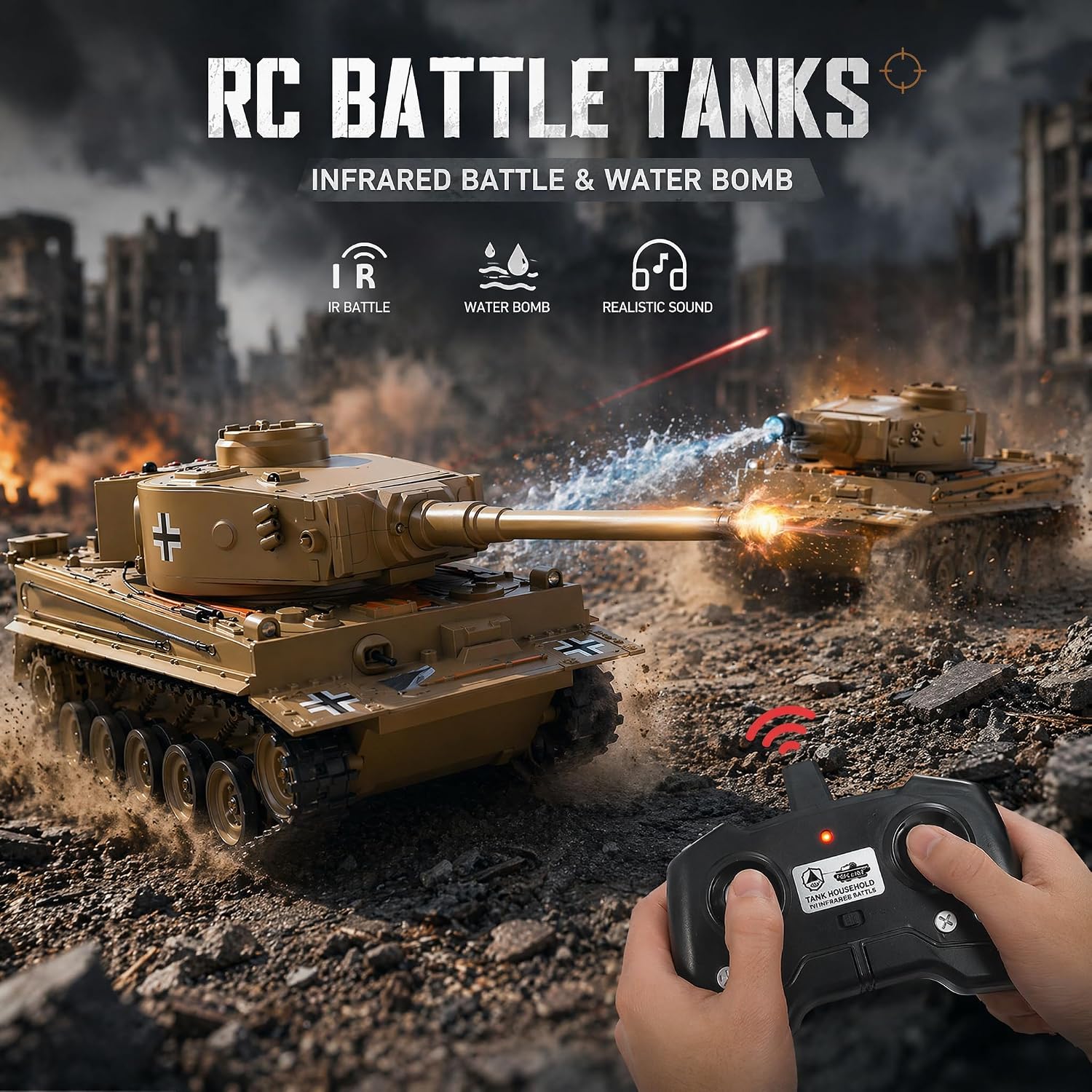 RC Tank 1:22 Tiger Tank WWII Military Soldier Toy | Infrared Battle + Water Bombs | LED Smoke Sound | 2.4GHz Remote Control Tank Gift Ages 8+