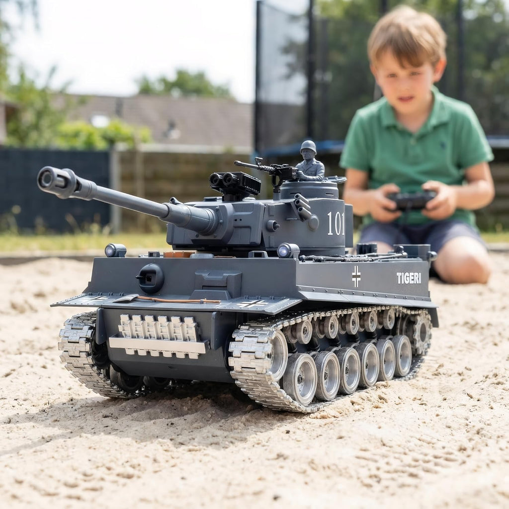 RC Tank that Shoots 1:18 Tiger Military Toy Tank, Metal Tracks, BB & Water Bombs, 45-Degree Climb 2.4GHz Remote Control Gift for Boys Ages 8+