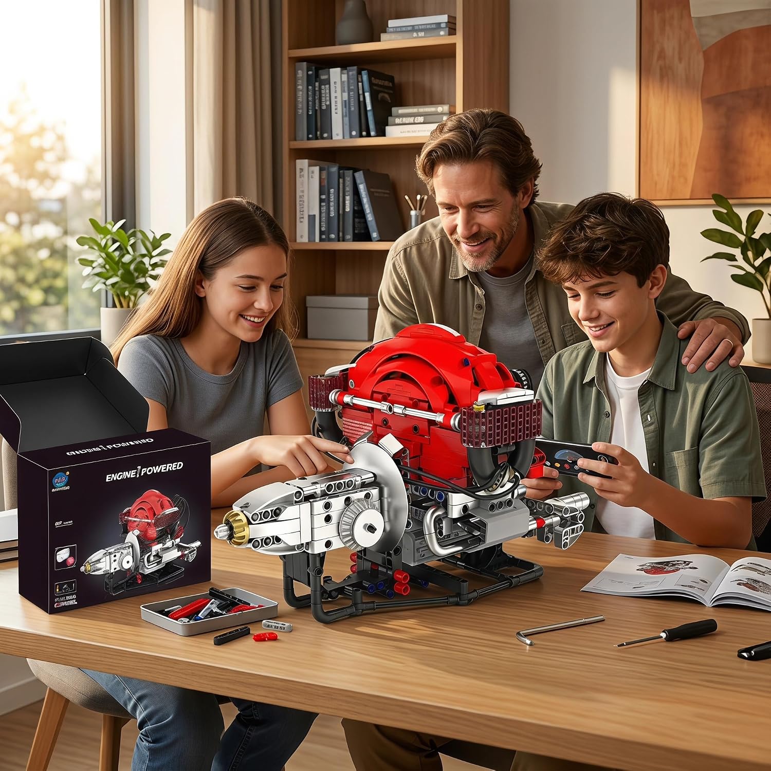 H4 Engine Model Kit, 868-Piece Bluetooth-Controlled STEM Toy Building Sets for Adults, Science Kit with RGB LED Lights, Tech Gift for Boys Ages 14+