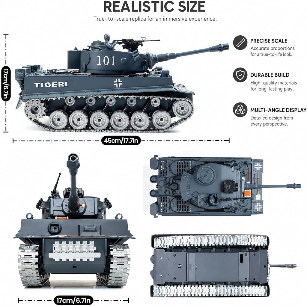 RC Tank that Shoots 1:18 Tiger Military Toy Tank, Metal Tracks, BB & Water Bombs, 45-Degree Climb 2.4GHz Remote Control Gift for Boys Ages 8+
