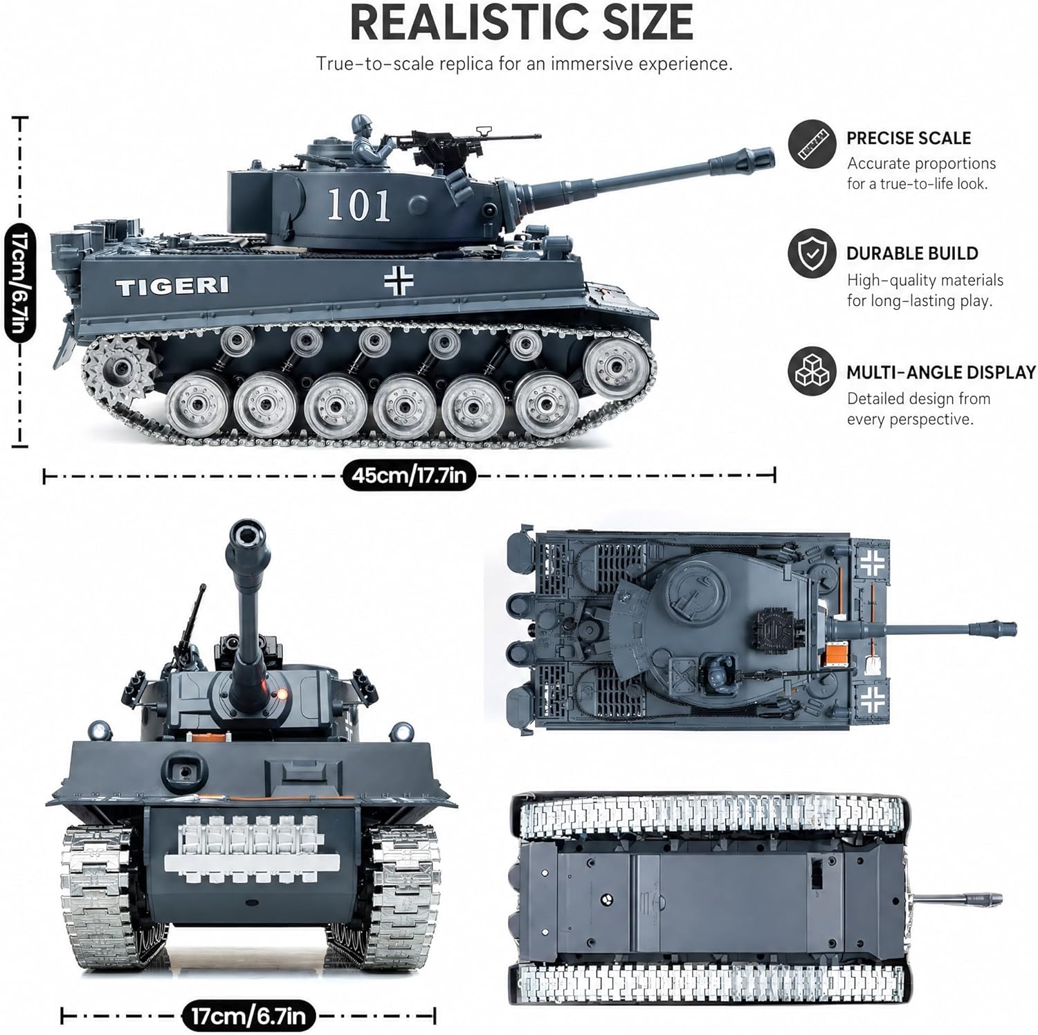 RC Tank that Shoots 1:18 Tiger Military Toy Tank, Metal Tracks, BB & Water Bombs, 45-Degree Climb 2.4GHz Remote Control Gift for Boys Ages 8+