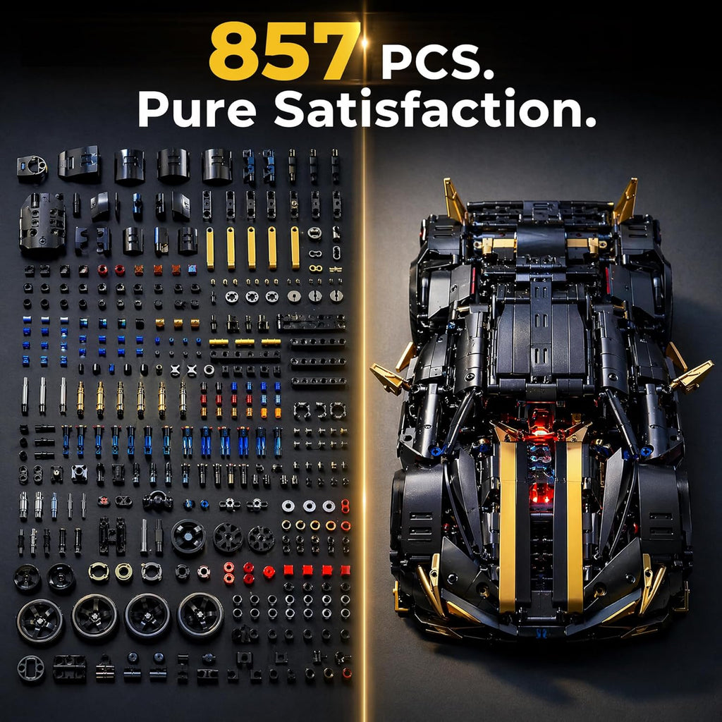 RC Supercar Building Kit - 857pcs Black Gold Apollo-Style Model Car Kits w/RC Power System & LED Lights, STEM Toy for Teens Adult Collectors