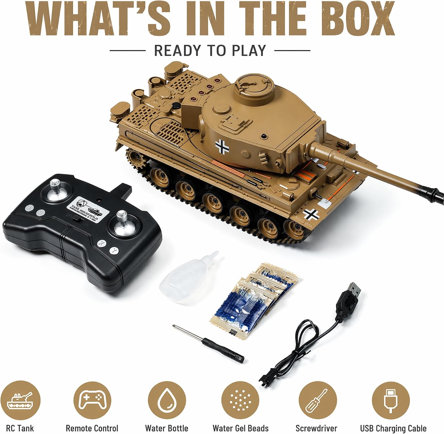 RC Tank 1:22 Tiger Tank WWII Military Soldier Toy | Infrared Battle + Water Bombs | LED Smoke Sound | 2.4GHz Remote Control Tank Gift Ages 8+