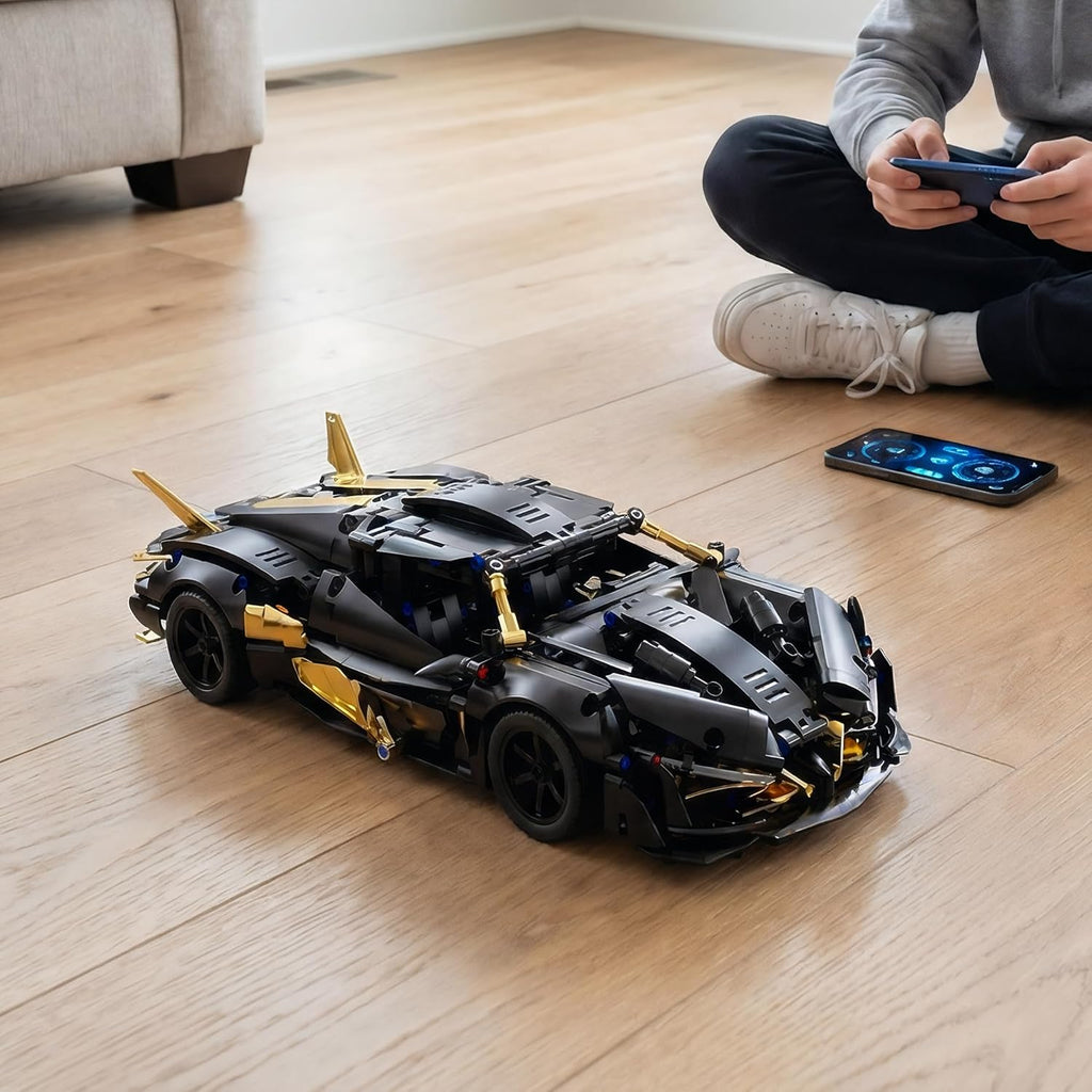 RC Supercar Building Kit - 857pcs Black Gold Apollo-Style Model Car Kits w/RC Power System & LED Lights, STEM Toy for Teens Adult Collectors