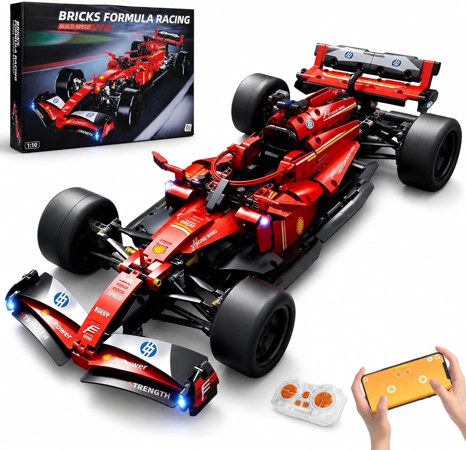 F1 RC Car Kit - 1:10 Red Formula 1 Racing Car 1086pcs, Compatible w/Major Brick Systems, Motorized RC & LED Lights, STEM Building Toy Teens Adults