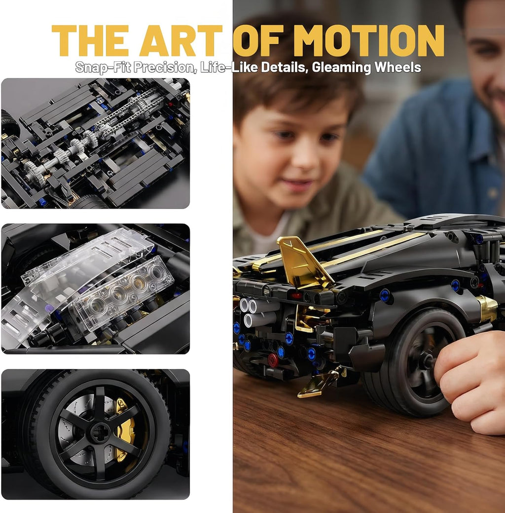 RC Supercar Building Kit - 857pcs Black Gold Apollo-Style Model Car Kits w/RC Power System & LED Lights, STEM Toy for Teens Adult Collectors