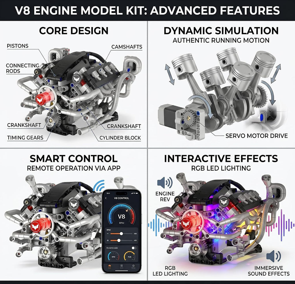 V8 Engine Model Kit, 770-Piece App-Controlled STEM Model Building Kits for Adults, Science Kit with RGB LED & Sound Effects, Tech Gift for Teens Ages 14+
