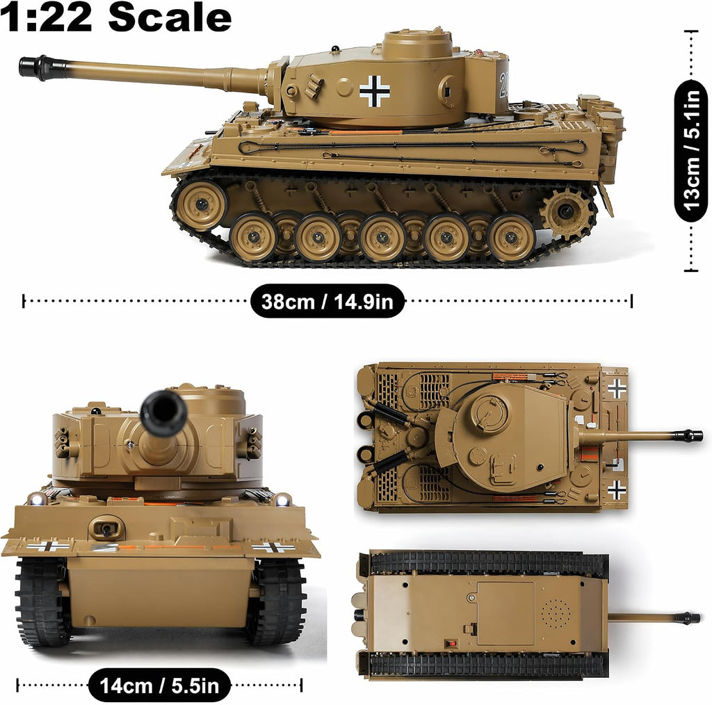RC Tank 1:22 Tiger Tank WWII Military Soldier Toy | Infrared Battle + Water Bombs | LED Smoke Sound | 2.4GHz Remote Control Tank Gift Ages 8+