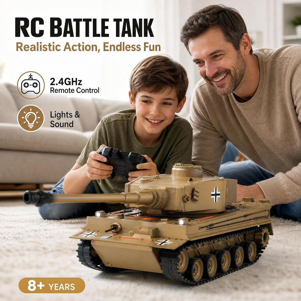 RC Tank 1:22 Tiger Tank WWII Military Soldier Toy | Infrared Battle + Water Bombs | LED Smoke Sound | 2.4GHz Remote Control Tank Gift Ages 8+