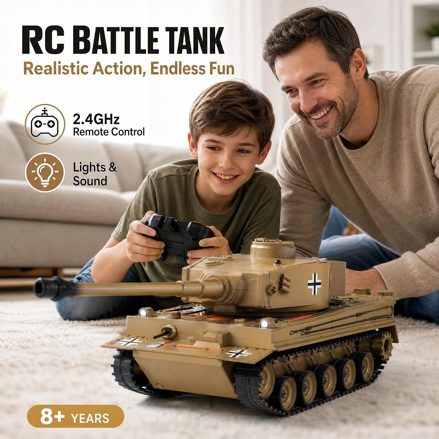 RC Tank 1:22 Tiger Tank WWII Military Soldier Toy | Infrared Battle + Water Bombs | LED Smoke Sound | 2.4GHz Remote Control Tank Gift Ages 8+