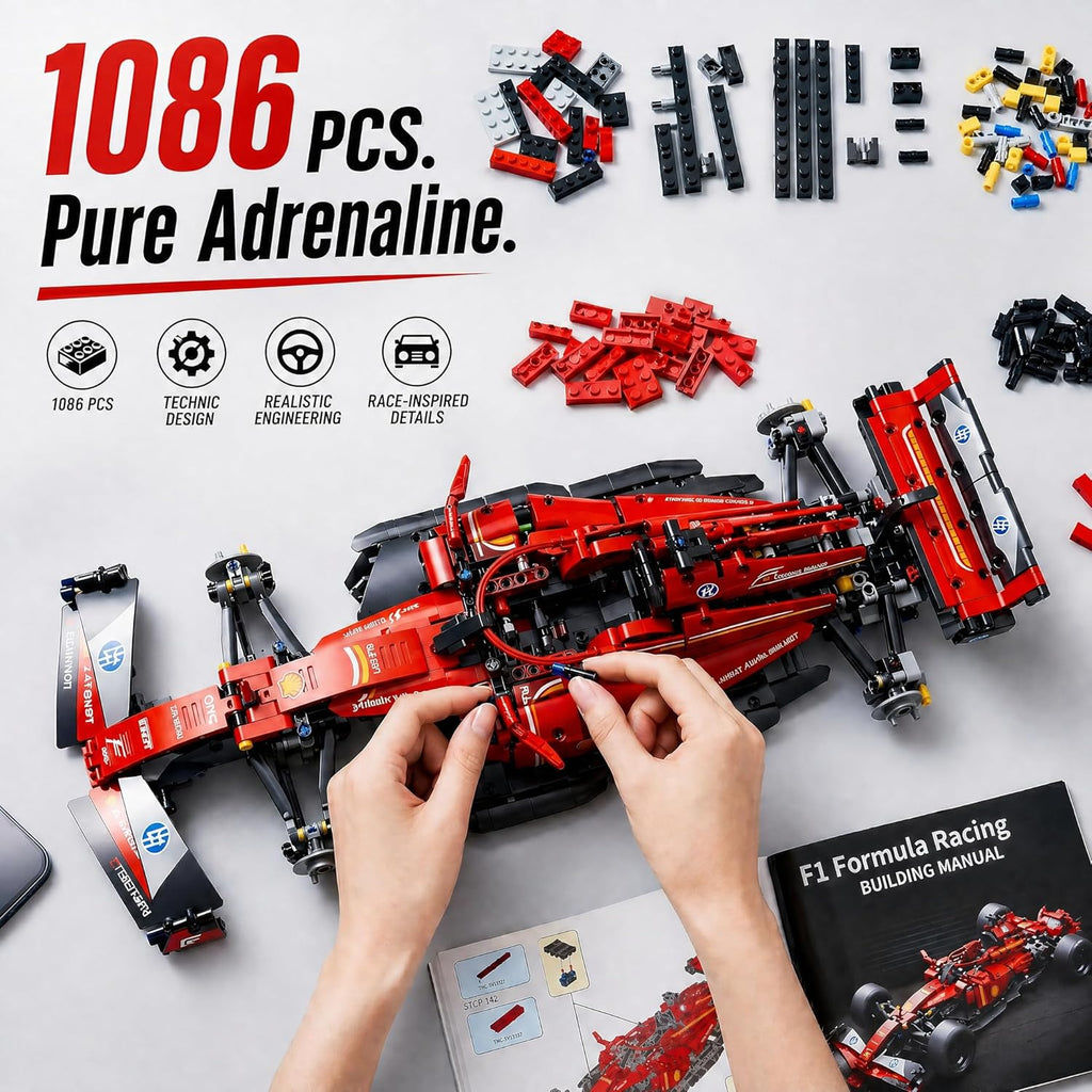 F1 RC Car Kit - 1:10 Red Formula 1 Racing Car 1086pcs, Compatible w/Major Brick Systems, Motorized RC & LED Lights, STEM Building Toy Teens Adults