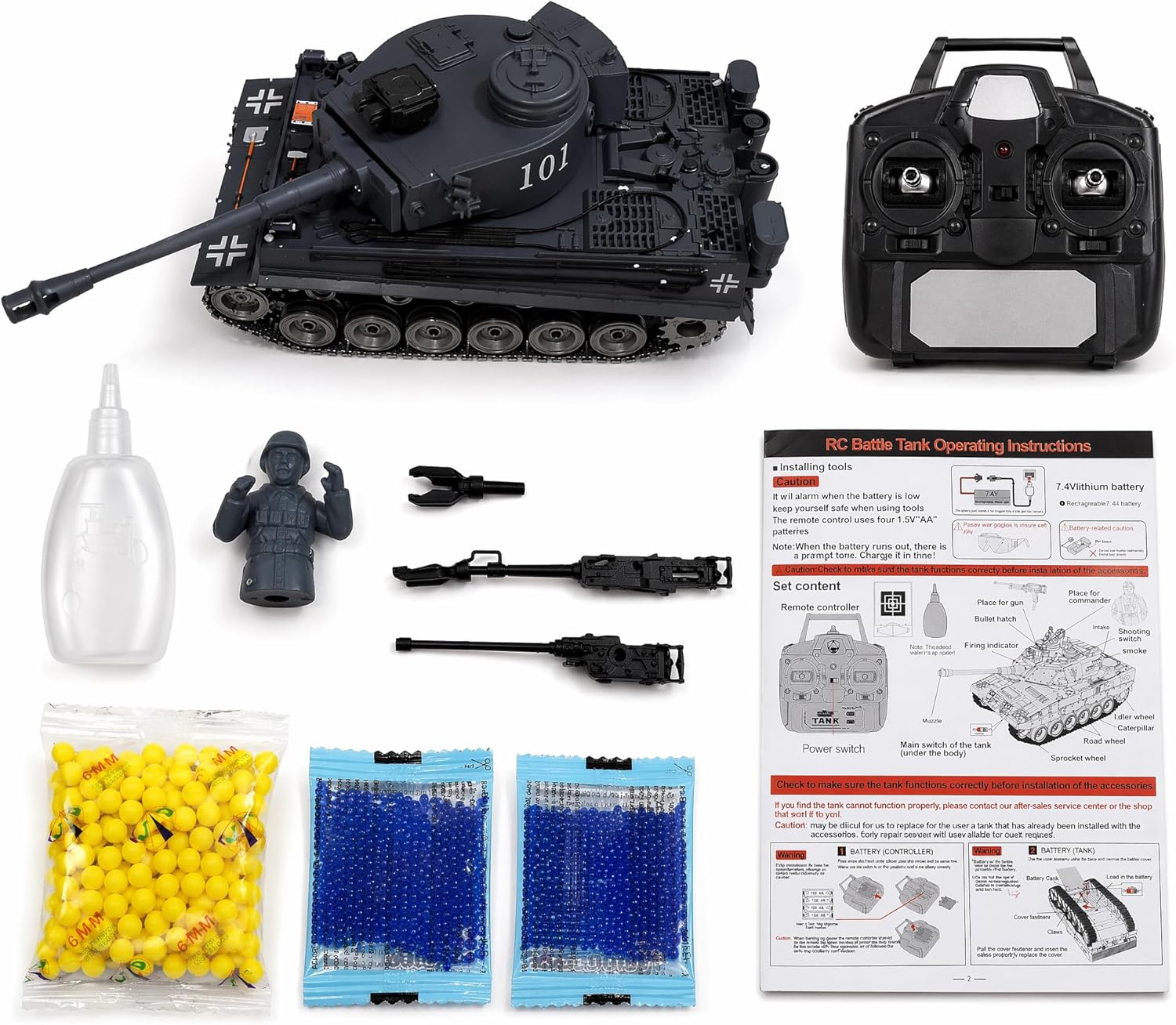 RC Tank that Shoots 1:18 Tiger Military Toy Tank, Metal Tracks, BB & Water Bombs, 45-Degree Climb 2.4GHz Remote Control Gift for Boys Ages 8+