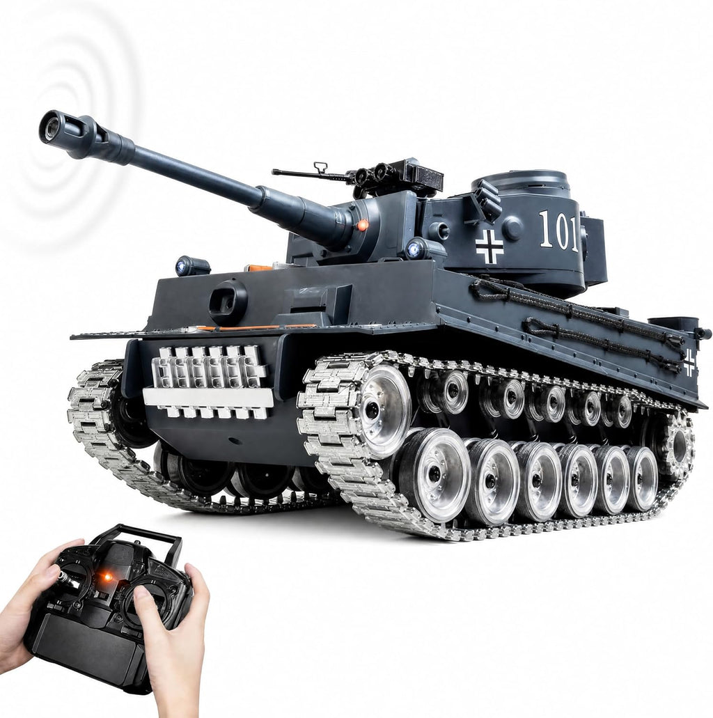 RC Tank that Shoots 1:18 Tiger Military Toy Tank, Metal Tracks, BB & Water Bombs, 45-Degree Climb 2.4GHz Remote Control Gift for Boys Ages 8+