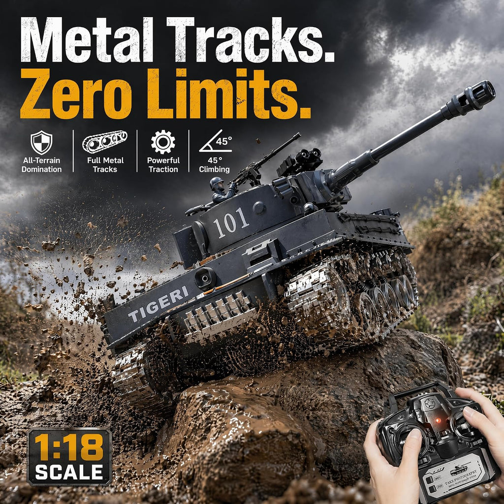 RC Tank that Shoots 1:18 Tiger Military Toy Tank, Metal Tracks, BB & Water Bombs, 45-Degree Climb 2.4GHz Remote Control Gift for Boys Ages 8+