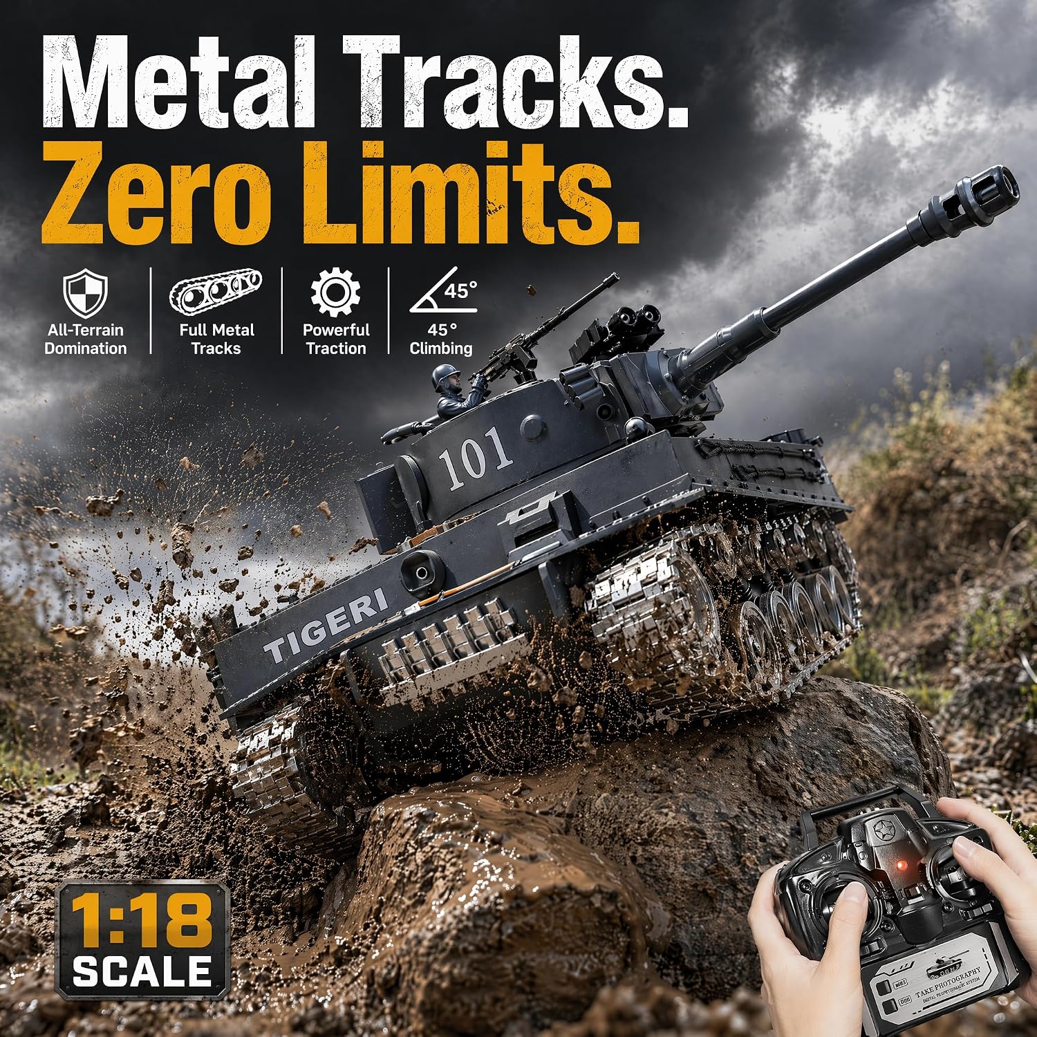 RC Tank that Shoots 1:18 Tiger Military Toy Tank, Metal Tracks, BB & Water Bombs, 45-Degree Climb 2.4GHz Remote Control Gift for Boys Ages 8+