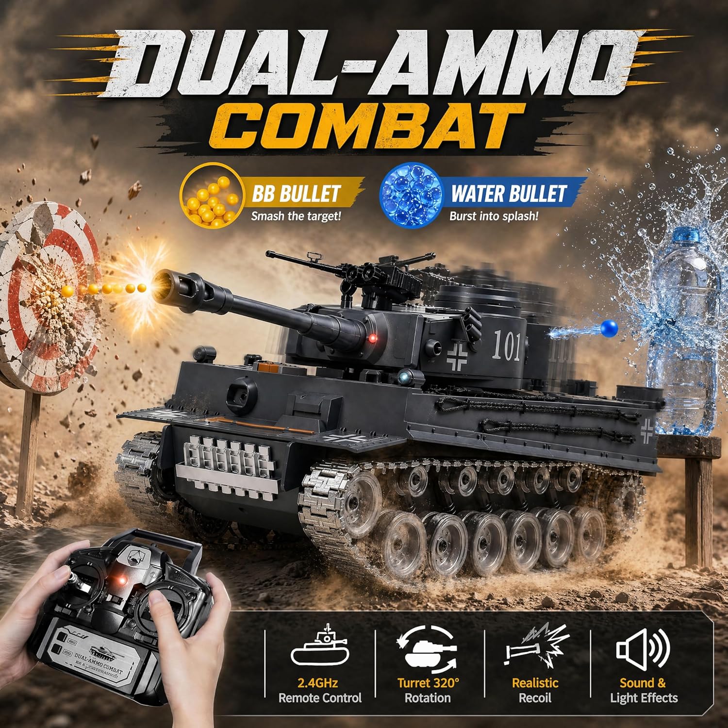 RC Tank that Shoots 1:18 Tiger Military Toy Tank, Metal Tracks, BB & Water Bombs, 45-Degree Climb 2.4GHz Remote Control Gift for Boys Ages 8+