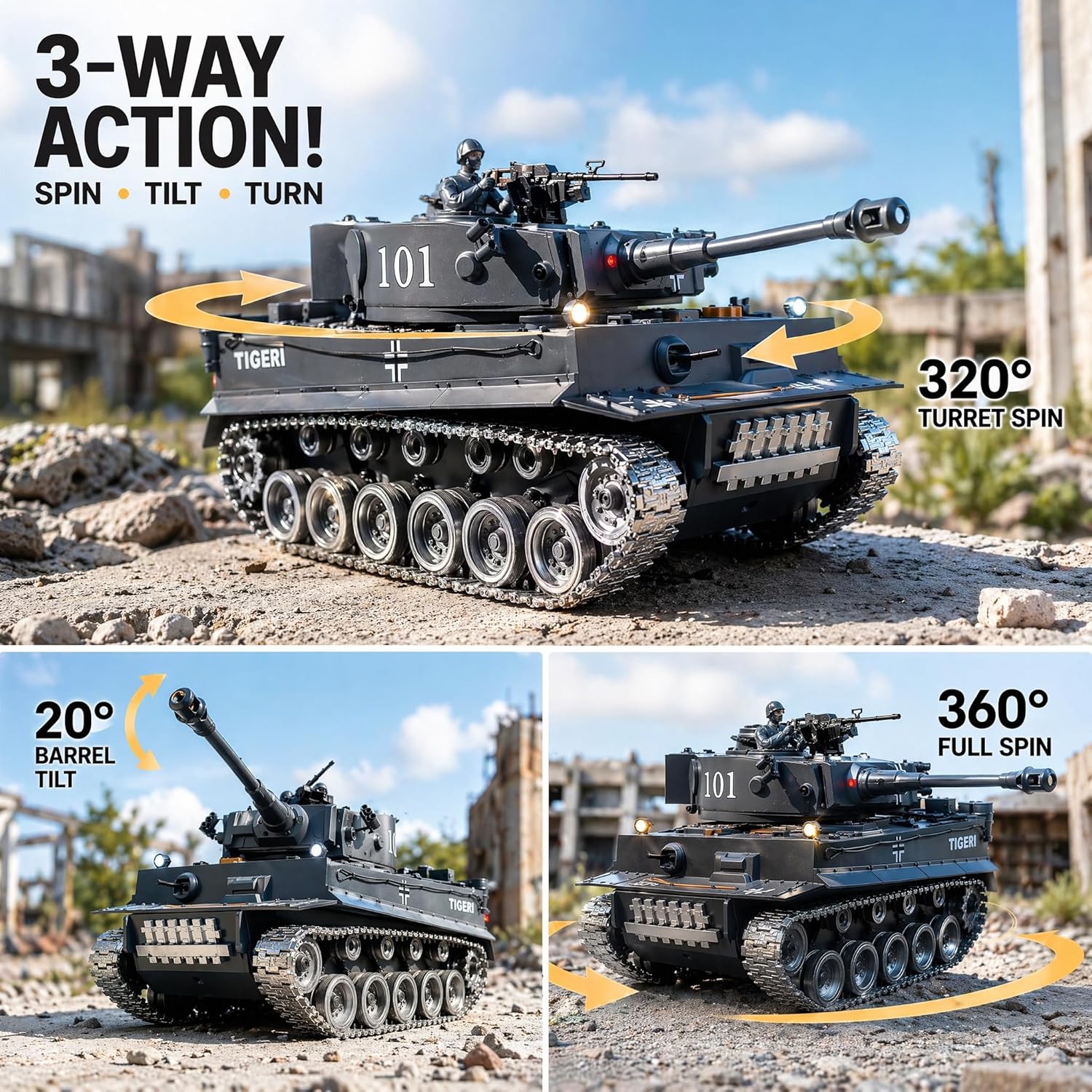 RC Tank that Shoots 1:18 Tiger Military Toy Tank, Metal Tracks, BB & Water Bombs, 45-Degree Climb 2.4GHz Remote Control Gift for Boys Ages 8+