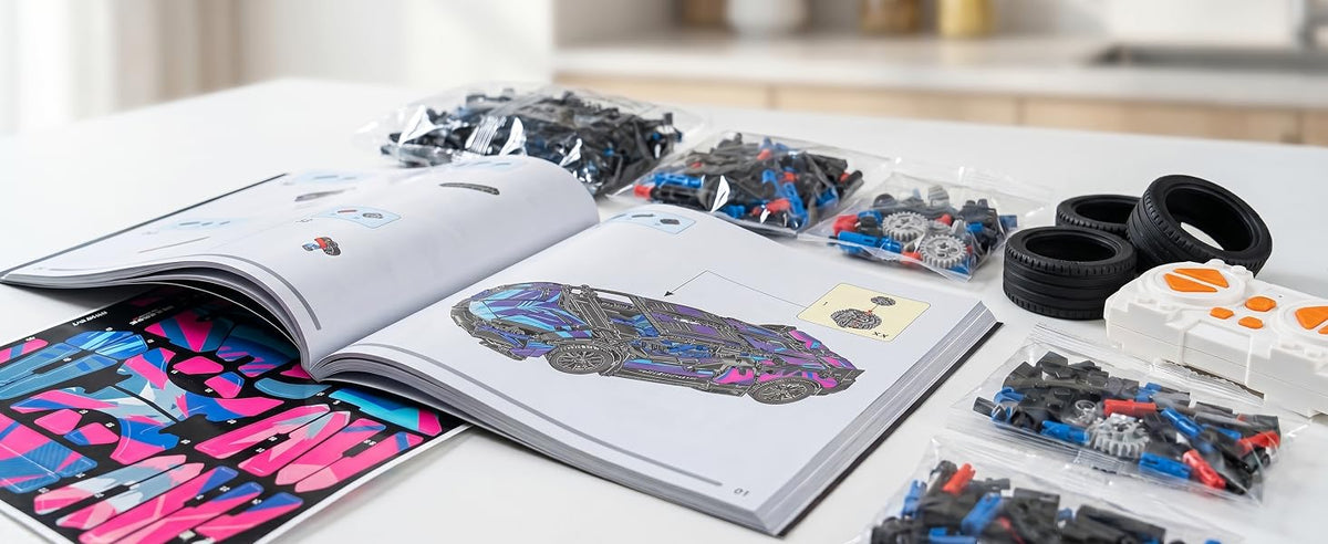 825-Piece RC Car Building Kit — LED Lights — building pieces and illustrated instructions