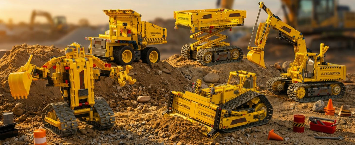 Five yellow construction vehicle and robot builds