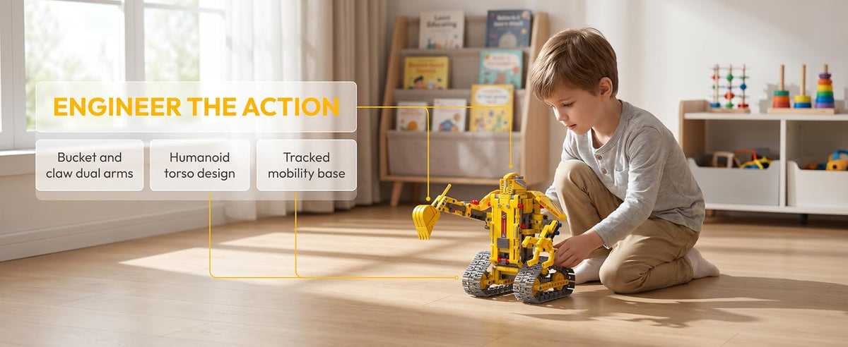 Child playing with the tracked construction robot
