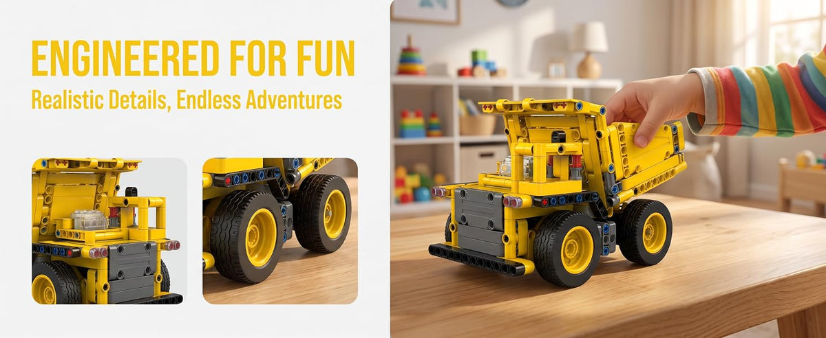 Buildable yellow dump truck and wheel details