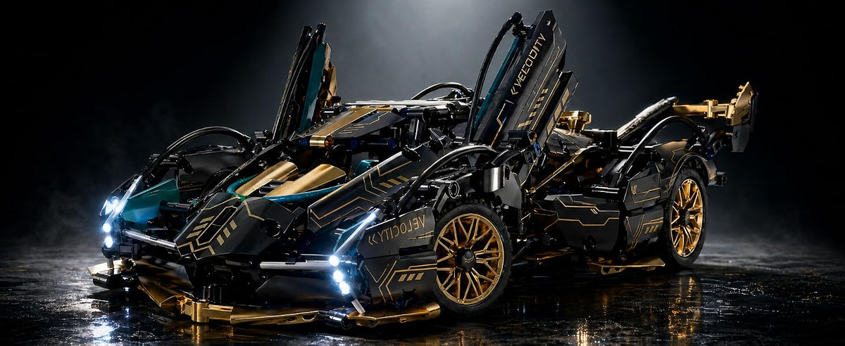 975-Piece RC Supercar Building Kit — V12 & LEDs — LED lights and opening doors