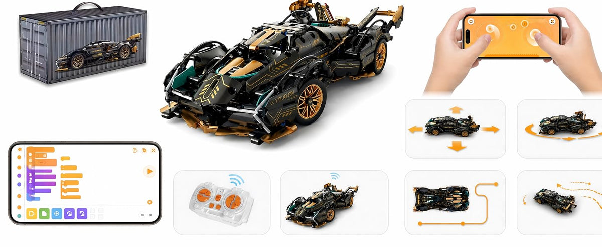 975-Piece RC Supercar Building Kit — V12 & LEDs — remote and app control