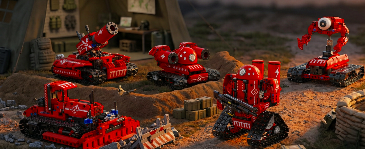 Five red robot and tracked vehicle builds