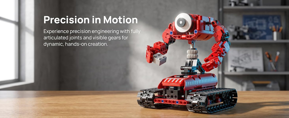 Red robot with articulated joints and visible gears