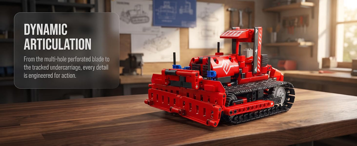 Red bulldozer build with tracked undercarriage