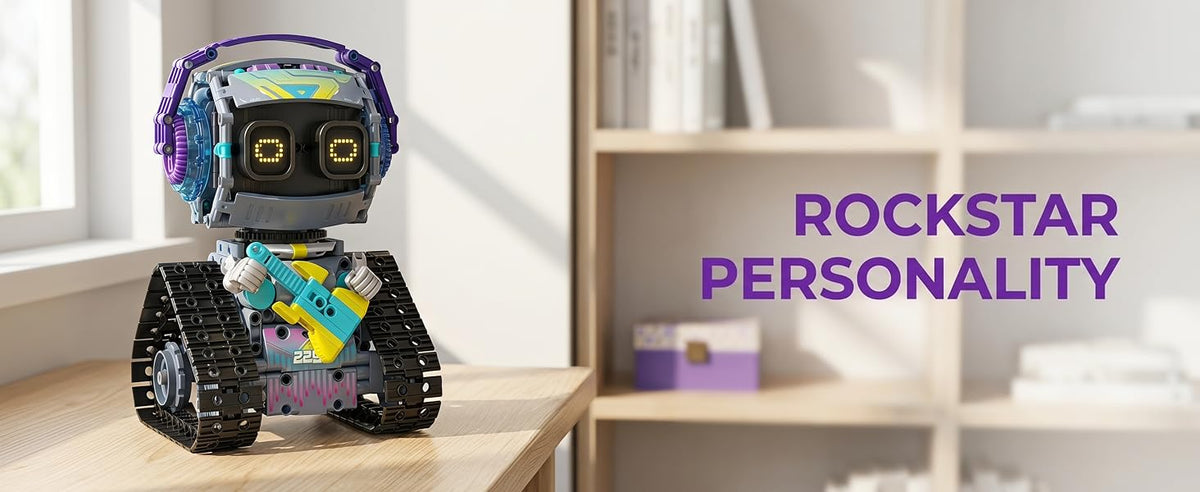 Robot with headphones and guitar on a desk