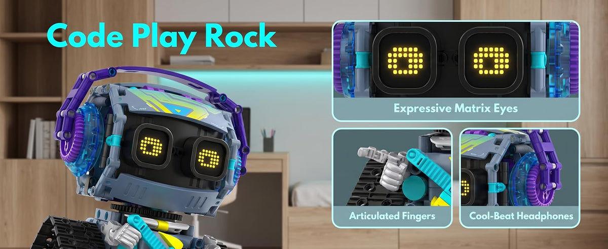 Robot matrix eyes, articulated fingers and headphones