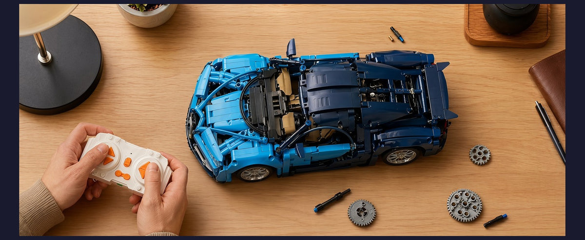 778-Piece Blue RC Car Building Kit — model and remote control