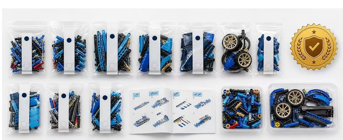 778-Piece Blue RC Car Building Kit — organized building pieces